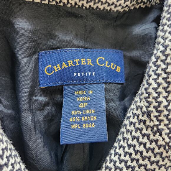 Charter Club Long Sleeve Collared Blazer Black White Houndstooth Tweed Size 4P - Picture 6 of 7